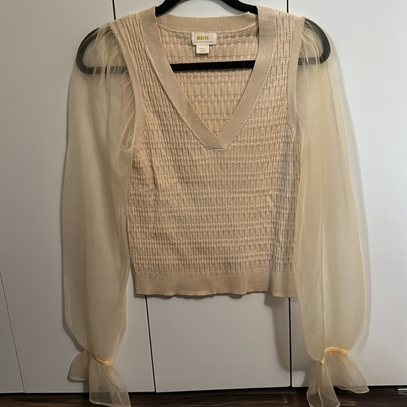 Anthropologie Gold Cream Sheer Puff Sleeve Preppy Balletcore V Neck Sweater - Picture 3 of 5